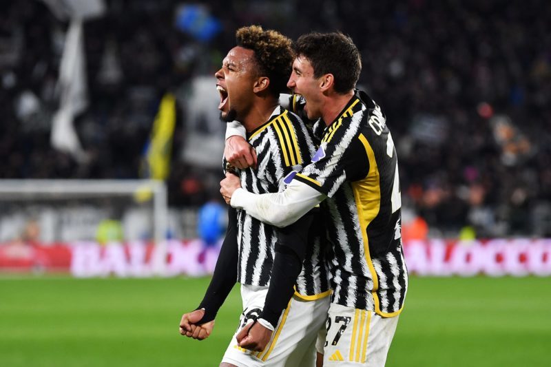 TURIN, ITALY - MARCH 10: Weston McKennie and Andrea Cambiaso of Juventus celebrate after Arkadiusz Milik of Juventus (not pictured) scores his team's second goal during the Serie A TIM match between Juventus and Atalanta BC - Serie A TIM at the Allianz Stadium on March 10, 2024 in Turin, Italy. (Photo by Valerio Pennicino/Getty Images)