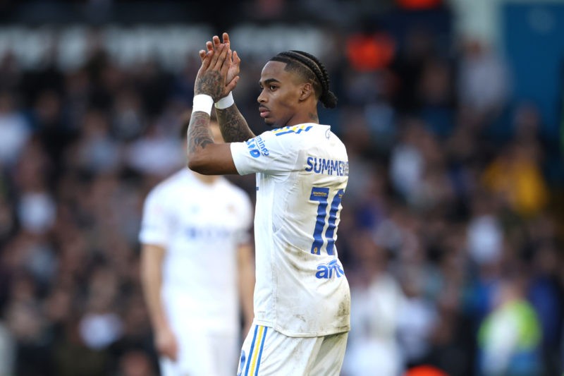 LEEDS, ENGLAND - MARCH 17: Crysencio Summerville of Leeds United applauds the fans as he is substituted off during the Sky Bet Championship match between Leeds United and Millwall at Elland Road on March 17, 2024 in Leeds, England. (Photo by Ed Sykes/Getty Images)