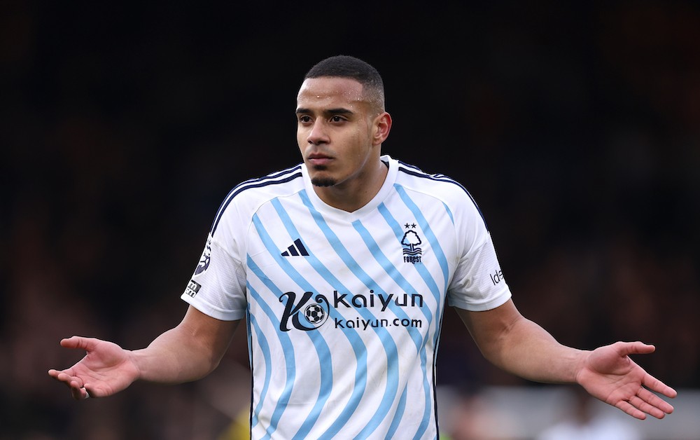 LUTON, ENGLAND: Murillo of Nottingham Forest reacts to the away fans during the Premier League match between Luton Town and Nottingham Forest at Kenilworth Road on March 16, 2024. (Photo by Alex Pantling/Getty Images)