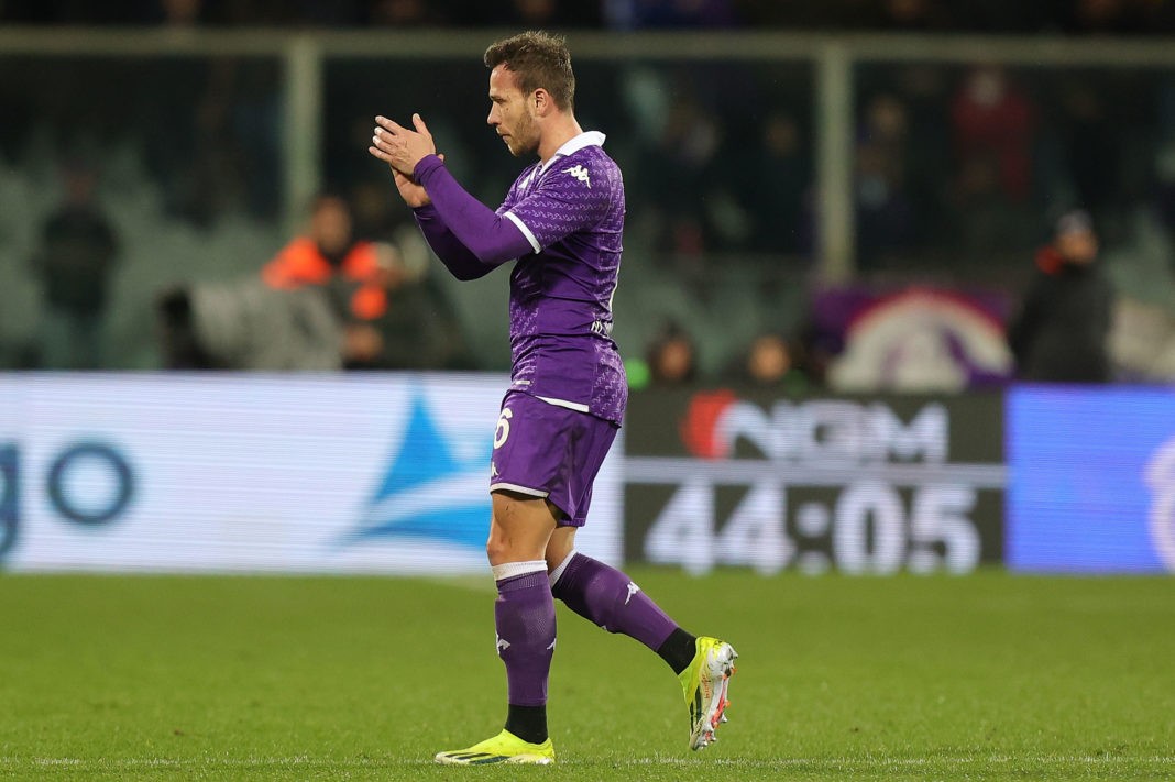 FLORENCE, ITALY - FEBRUARY 26: Arthur Melo of ACF Fiorentina reacts during the Serie A TIM match between ACF Fiorentina and SS Lazio at Stadio Artemio Franchi on February 26, 2024 in Florence, Italy. (Photo by Gabriele Maltinti/Getty Images)