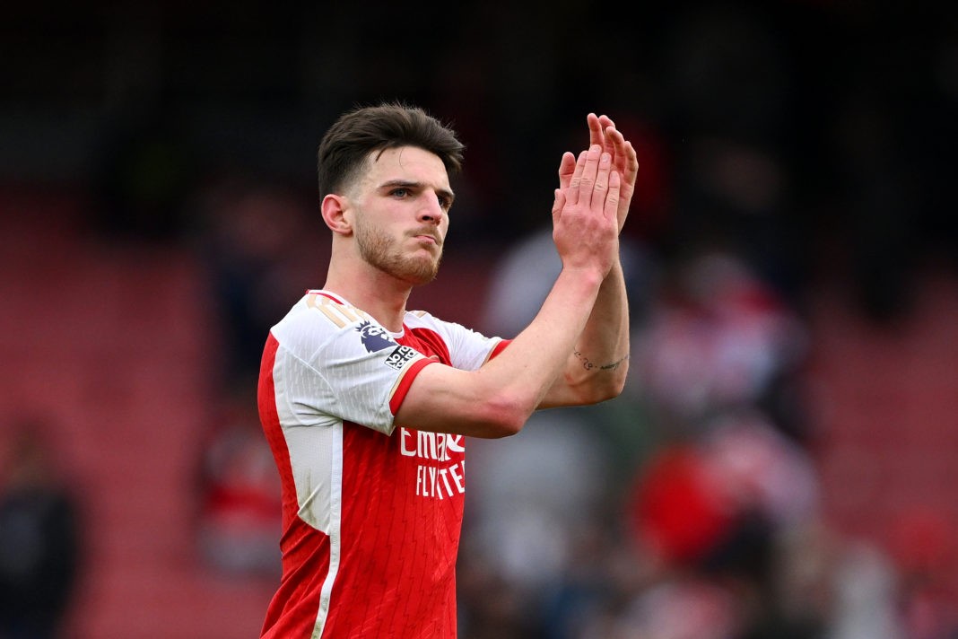 LONDON, ENGLAND - APRIL 14: Declan Rice of Arsenal shows appreciation to the fans following the Premier League match between Arsenal FC and Aston Villa at Emirates Stadium on April 14, 2024 in London, England. (Photo by Shaun Botterill/Getty Images)