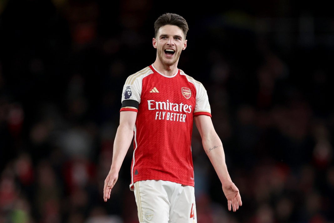 LONDON, ENGLAND - APRIL 23: Declan Rice of Arsenal celebrates after the team's victory during the Premier League match between Arsenal FC and Chelsea FC at Emirates Stadium on April 23, 2024 in London, England. (Photo by Julian Finney/Getty Images)