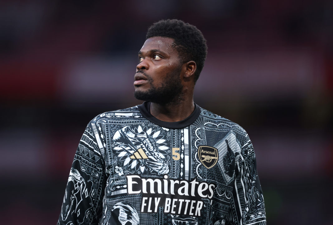 LONDON, ENGLAND - APRIL 23: Thomas Partey of Arsenal warms up prior to the Premier League match between Arsenal FC and Chelsea FC at Emirates Stadium on April 23, 2024 in London, England. (Photo by Julian Finney/Getty Images)