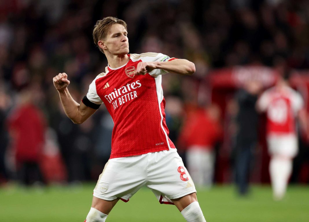 LONDON, ENGLAND - APRIL 23: Martin Odegaard of Arsenal celebrates after the team's victory during the Premier League match between Arsenal FC and Chelsea FC at Emirates Stadium on April 23, 2024 in London, England. (Photo by Julian Finney/Getty Images)