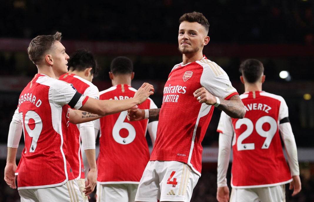 LONDON, ENGLAND - APRIL 23: Ben White of Arsenal celebrates scoring his team's second goal during the Premier League match between Arsenal FC and Chelsea FC at Emirates Stadium on April 23, 2024 in London, England. (Photo by Julian Finney/Getty Images)