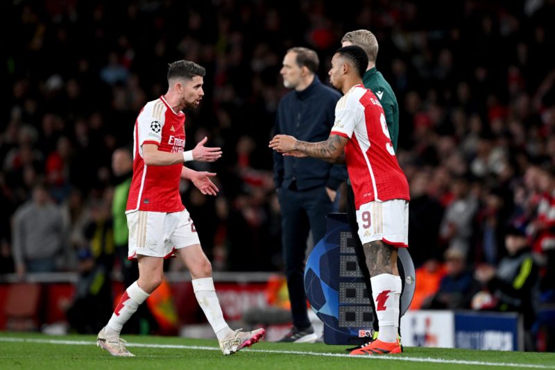 LONDON, ENGLAND - APRIL 09: Gabriel Jesus of Arsenal is substituted on for teammate Jorginho during the UEFA Champions League quarter-final first leg match between Arsenal FC and FC Bayern München at Emirates Stadium on April 09, 2024 in London, England. (Photo by Shaun Botterill/Getty Images)