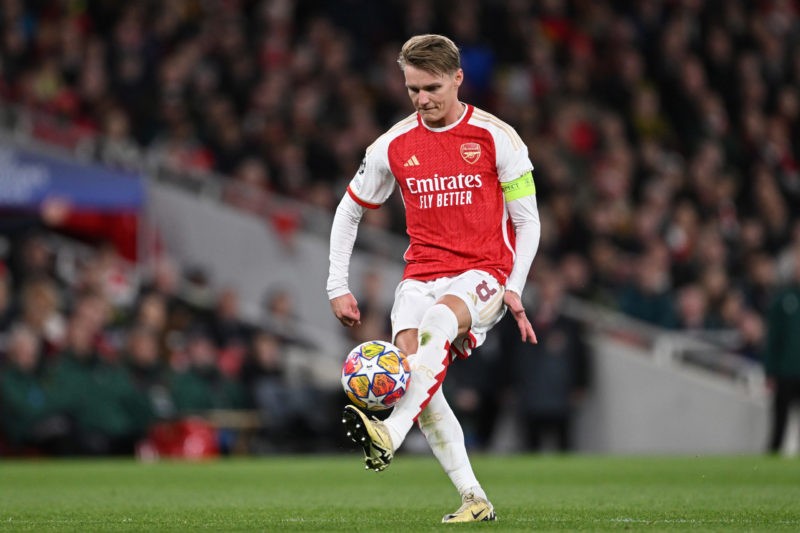 LONDON, ENGLAND - APRIL 09: Martin Odegaard of Arsenal in action during the UEFA Champions League quarter-final first leg match between Arsenal FC and FC Bayern München at Emirates Stadium on April 09, 2024 in London, England. (Photo by Mike Hewitt/Getty Images)