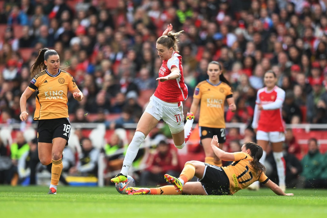 LONDON, ENGLAND - APRIL 21: Vivianne Miedema of Arsenal is challenged by Julie Thibaud of Leicester City during the Barclays Women's Super League match between Arsenal FC and Leicester City at Emirates Stadium on April 21, 2024 in London, England. (Photo by Patrick Khachfe/Getty Images)
