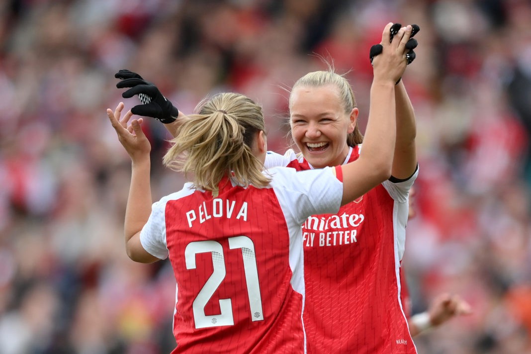 LONDON, ENGLAND - APRIL 21: Frida Maanum and Victoria Pelova of Arsenal celebrate after Alessia Russo of Arsenal (not picture) scores her team's third goal during the Barclays Women's Super League match between Arsenal FC and Leicester City at Emirates Stadium on April 21, 2024 in London, England. (Photo by Patrick Khachfe/Getty Images)