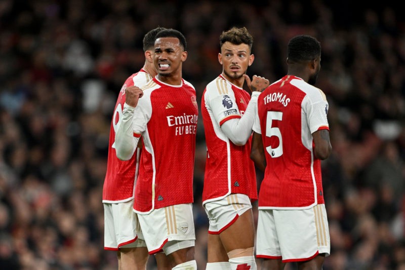 LONDON, ENGLAND - APRIL 03: Gabriel of Arsenal reacts ahead of a free kick during the Premier League match between Arsenal FC and Luton Town at Emirates Stadium on April 03, 2024 in London, England. (Photo by Shaun Botterill/Getty Images)