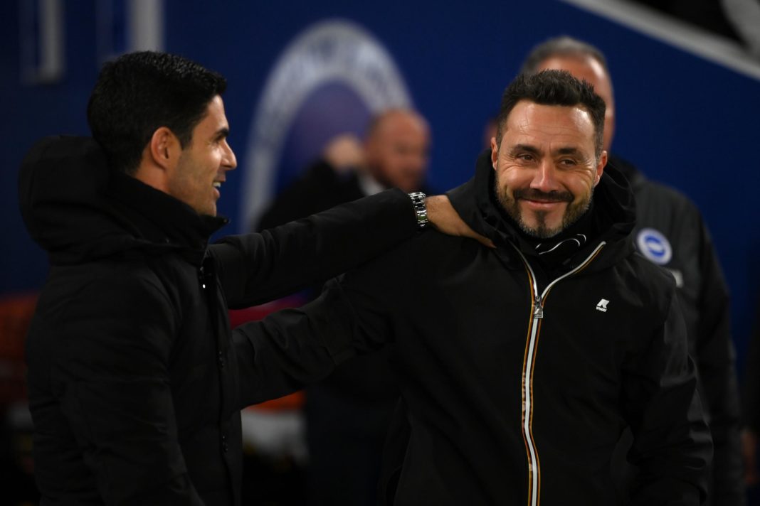 BRIGHTON, ENGLAND - DECEMBER 31: Mikel Arteta, Manager of Arsenal, embraces Roberto De Zerbi, Manager of Brighton & Hove Albion, prior to the Premier League match between Brighton & Hove Albion and Arsenal FC at American Express Community Stadium on December 31, 2022 in Brighton, England. (Photo by Mike Hewitt/Getty Images)