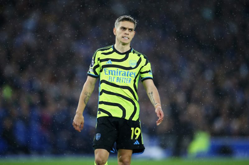 BRIGHTON, ENGLAND - APRIL 06: Leandro Trossard of Arsenal reacts after a missed chance during the Premier League match between Brighton & Hove Albion and Arsenal FC at American Express Community Stadium on April 06, 2024 in Brighton, England.(Photo by Steve Bardens/Getty Images)