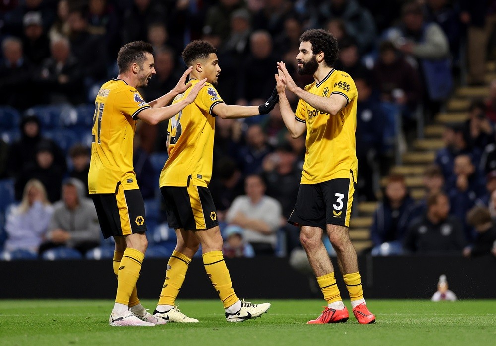 BURNLEY, ENGLAND: Rayan Ait-Nouri of Wolverhampton Wanderers celebrates scoring his team's first goal during the Premier League match between Burnley FC and Wolverhampton Wanderers at Turf Moor on April 02, 2024. (Photo by Jan Kruger/Getty Images)