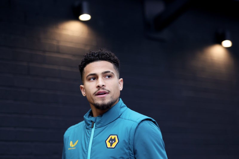 BURNLEY, ENGLAND - APRIL 02: Joao Gomes of Wolverhampton Wanderers arrives at the stadium the Premier League match between Burnley FC and Wolverhampton Wanderers at Turf Moor on April 02, 2024 in Burnley, England. (Photo by Alex Livesey/Getty Images)