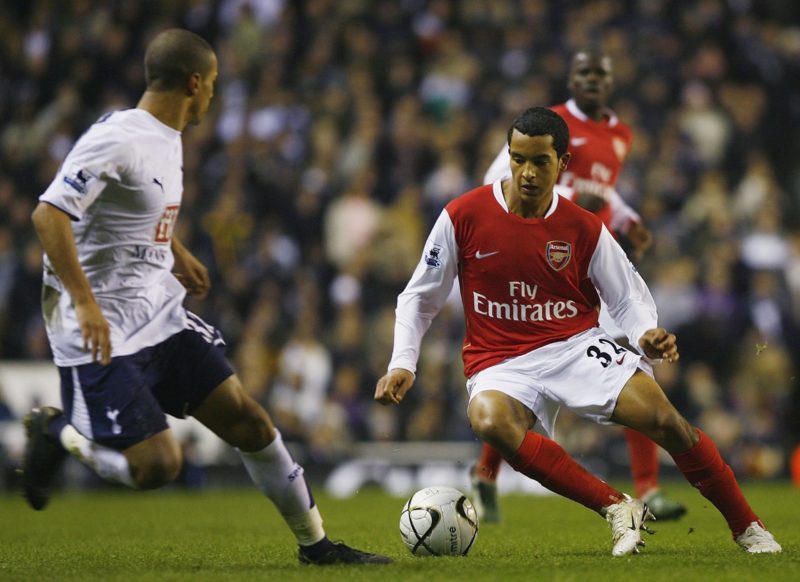 LONDON - JANUARY 24: Theo Walcott (R) of Arsenal takes on Benoit Assou-Ekotto of Tottenham during the Carling Cup Semi Final 1st leg match between Tottenham Hotspur and Arsenal at White Hart Lane on January 24, 2007 in London, England. (Photo by Shaun Botterill/Getty Images)