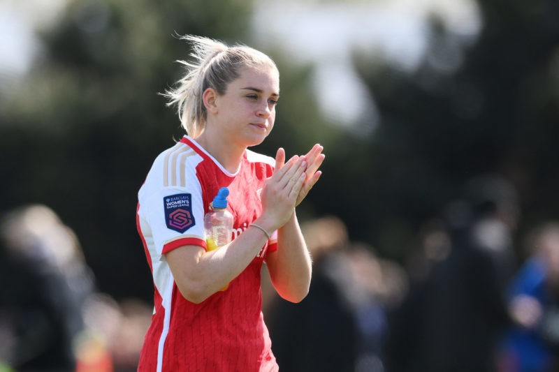 LIVERPOOL, ENGLAND - APRIL 28: Alessia Russo of Arsenal shows appreciation to the fans following the Barclays Women´s Super League match between Everton FC and Arsenal FC at Walton Hall Park on April 28, 2024 in Liverpool, England. (Photo by Ben Roberts Photo/Getty Images)