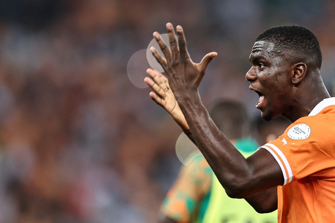 Ivory Coast's defender #2 Ousmane Diomande reacts during the Africa Cup of Nations (CAN) 2024 group A football match between Ivory Coast and Guinea-Bissau at the Alassane Ouattara Olympic Stadium in Ebimpe, Abidjan, on January 13, 2024. (Photo by FRANCK FIFE/AFP via Getty Images)