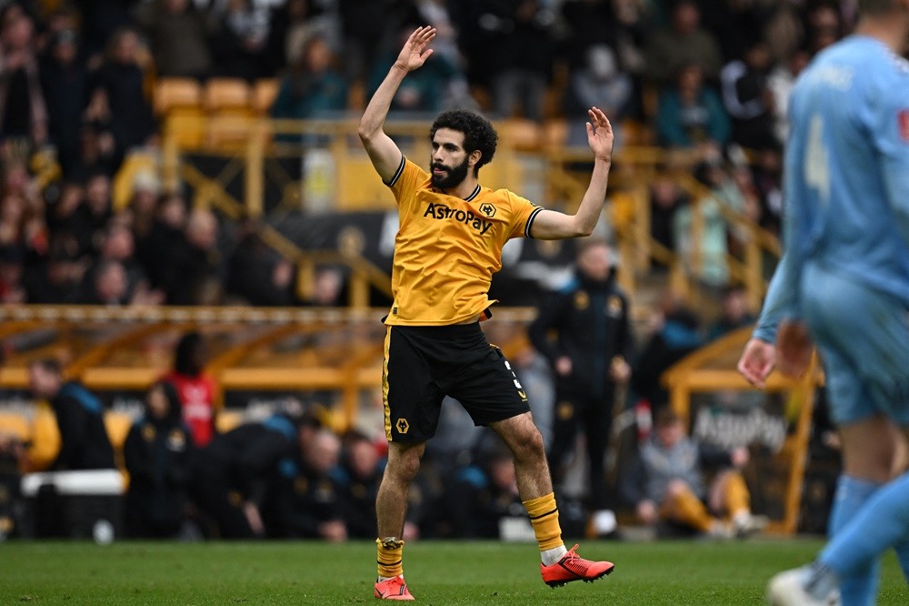 Wolverhampton Wanderers' Rayan Ait-Nouri celebrates after scoring their first goal during the English FA Cup Quarter-final football match between Wolverhampton Wanderers and Coventry City at the Molineux stadium in Wolverhampton, central England on March 16, 2024. (Photo by PAUL ELLIS/AFP via Getty Images)