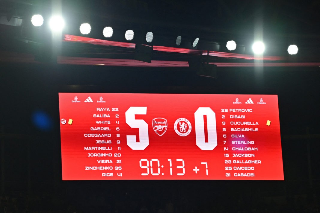 The big screen scoreboard displays the final 5-0 scoreline during the English Premier League football match between Arsenal and Chelsea at the Emirates Stadium in London on April 23, 2024. Arsenal won the game 5-0. (Photo by GLYN KIRK/AFP via Getty Images)