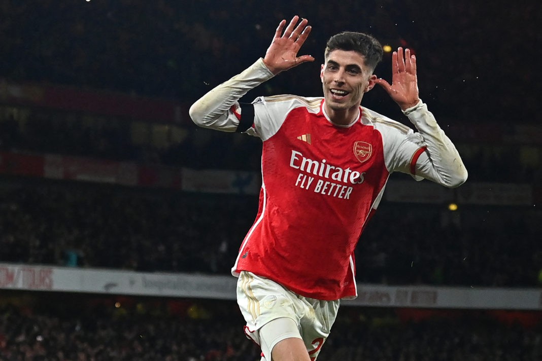 Arsenal's German midfielder #29 Kai Havertz celebrates after scoring their third goal during the English Premier League football match between Arsenal and Chelsea at the Emirates Stadium in London on April 23, 2024. (Photo by GLYN KIRK/AFP via Getty Images)