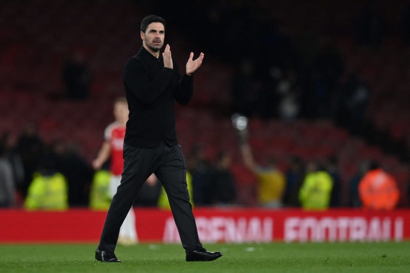 Arsenal's Spanish manager Mikel Arteta applauds fans on the pitch after the English Premier League football match between Arsenal and Chelsea at the Emirates Stadium in London on April 23, 2024. Arsenal won the game 5-0. (Photo by GLYN KIRK/AFP via Getty Images)