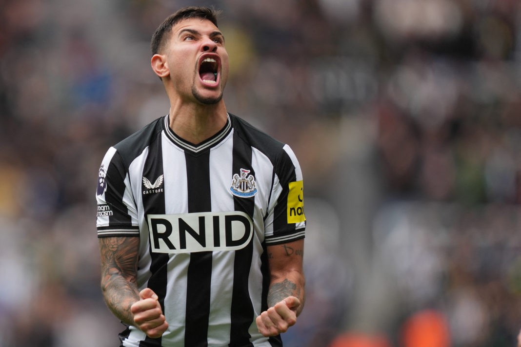 Newcastle United's Brazilian midfielder #39 Bruno Guimaraes reacts to their third goal during the English Premier League football match between Newcastle United and Tottenham Hotspur at St James' Park in Newcastle-upon-Tyne, north east England on April 13, 2024. (Photo by ANDY BUCHANAN/AFP via Getty Images)