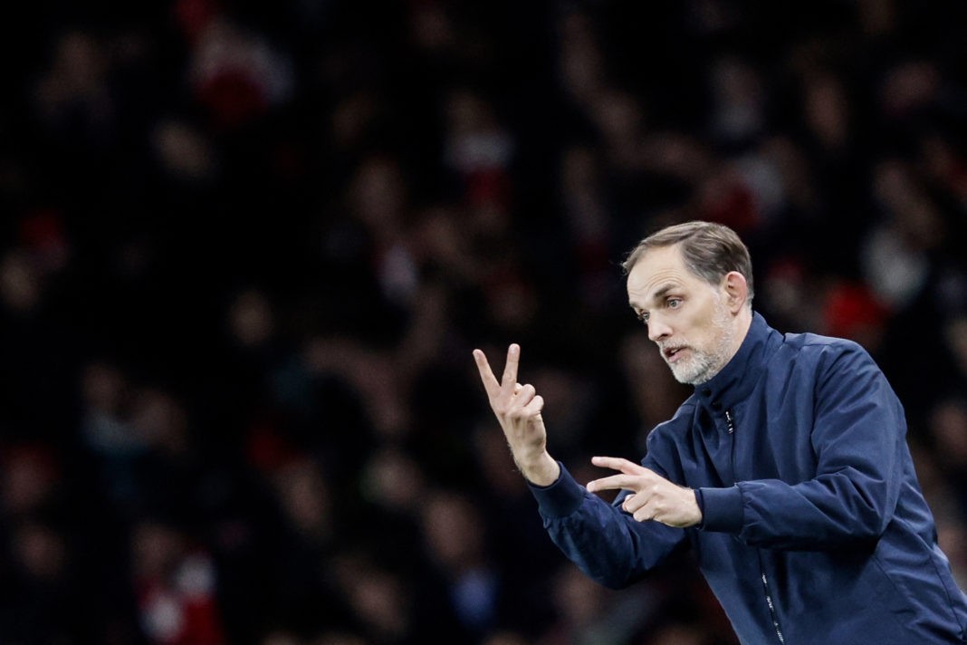 Bayern Munich's German head coach Thomas Tuchel gestures during the UEFA Champions League quarter final first-leg football match between Arsenal and Bayern Munich at the Arsenal Stadium, in north London, on April 9, 2024. (Photo by IAN KINGTON/IKIMAGES/AFP via Getty Images)