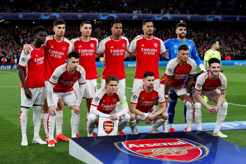 (front row from L to R) Arsenal's Brazilian midfielder #11 Gabriel Martinelli, Arsenal's Norwegian midfielder #08 Martin Odegaard, Arsenal's Italian midfielder #20 Jorginho, Arsenal's English defender #04 Ben White, Arsenal's English midfielder #41 Declan Rice (back row from L to R) Arsenal's English midfielder #07 Bukayo Saka, Arsenal's German midfielder #29 Kai Havertz, Arsenal's Polish defender #15 Jakub Kiwior, Arsenal's Brazilian defender #06 Gabriel Magalhaes, Arsenal's French defender #02 William Saliba and Arsenal's Spanish goalkeeper #22 David Raya pose for team photo during the UEFA Champions League quarter final first-leg football match between Arsenal and Bayern Munich at the Arsenal Stadium, in north London, on April 9, 2024. (Photo by IAN KINGTON/IKIMAGES/AFP via Getty Images)