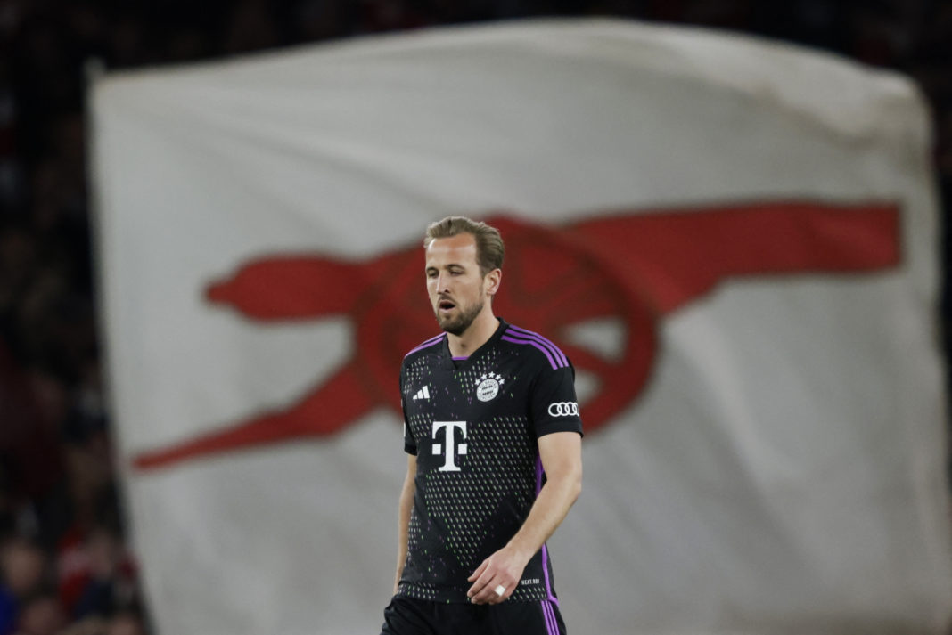 Bayern Munich's English striker #09 Harry Kane reacts during the UEFA Champions League quarter final first-leg football match between Arsenal and Bayern Munich at the Arsenal Stadium, in north London, on April 9, 2024. (Photo by IAN KINGTON/IKIMAGES/AFP via Getty Images)