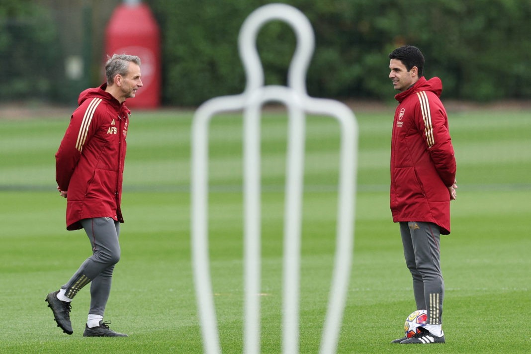 Arsenal's Dutch assistant manager Albert Stuivenberg (L) and Arsenal's Spanish manager Mikel Arteta lead a training session on the eve of their UEFA Champions League quarter final first leg football match against Bayern Munich, at the Arsenal training centre, in Shenley, England, on April 8, 2024 (Photo by ADRIAN DENNIS/AFP via Getty Images)