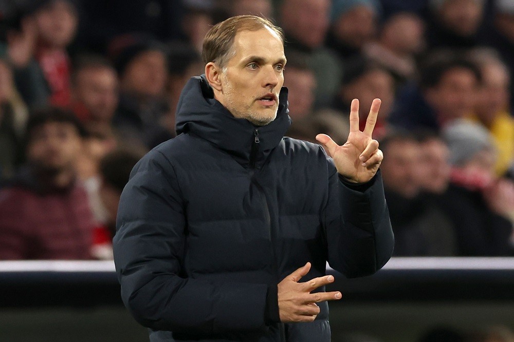 MUNICH, GERMANY: Thomas Tuchel, head coach of FC Bayern München reacts during the UEFA Champions League quarter-final second leg match between FC Bayern München and Arsenal FC at Allianz Arena on April 17, 2024. (Photo by Alexander Hassenstein/Getty Images)
