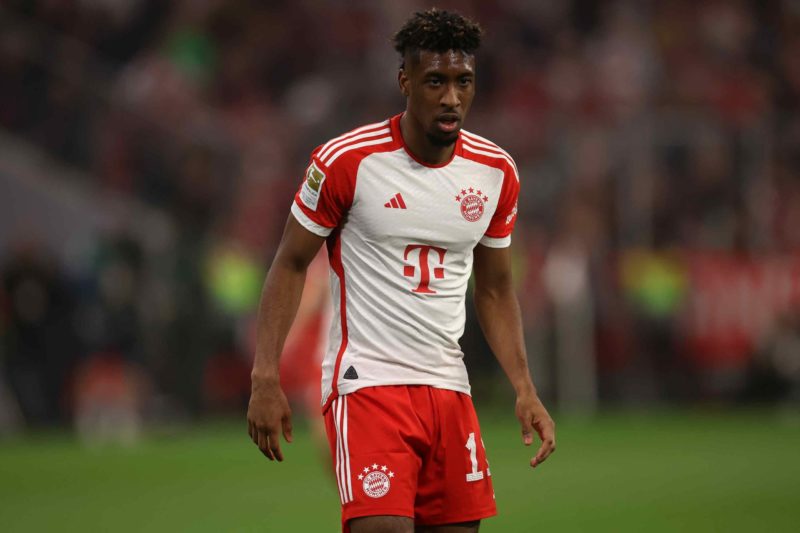 MUNICH, GERMANY - MARCH 30: Kingsley Coman of FC Bayern München looks on during the Bundesliga match between FC Bayern München and Borussia Dortmund at Allianz Arena on March 30, 2024 in Munich, Germany. (Photo by Alexander Hassenstein/Getty Images)
