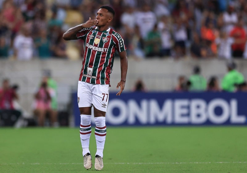 RIO DE JANEIRO, BRAZIL - APRIL 09: Marquinhos of Fluminense celebrates after scoring the team's first goal during the Copa CONMEBOL Libertadores 2024 group A match between Fluminense and Colo-Colo at Maracana Stadium on April 09, 2024 in Rio de Janeiro, Brazil. (Photo by Buda Mendes/Getty Images)