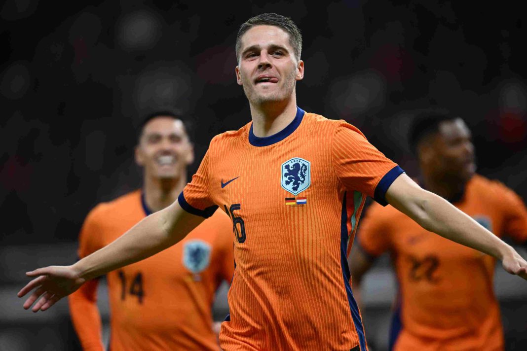 FRANKFURT AM MAIN, GERMANY - MARCH 26: Joey Veerman of The Netherlands celebrates scoring his team's goal during the international friendly match between Germany and The Netherlands at Deutsche Bank Park on March 26, 2024 in Frankfurt am Main, Germany. (Photo by Stuart Franklin/Getty Images)