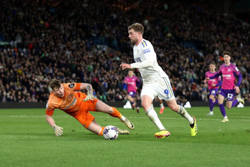 LEEDS, ENGLAND - APRIL 09: Patrick Bamford of Leeds United goes around the Sunderland goalkeeper, Anthony Patterson during the Sky Bet Championship match between Leeds United and Sunderland at Elland Road on April 09, 2024 in Leeds, England. (Photo by George Wood/Getty Images)