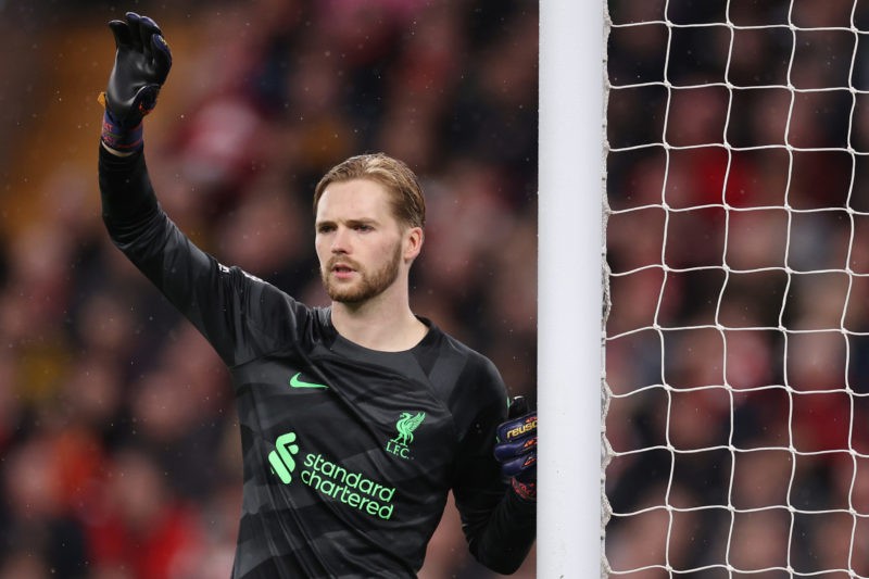 LIVERPOOL, ENGLAND - APRIL 04: Caoimhin Kelleher of Liverpool FC in action during the Premier League match between Liverpool FC and Sheffield United at Anfield on April 04, 2024 in Liverpool, England. (Photo by Jan Kruger/Getty Images)