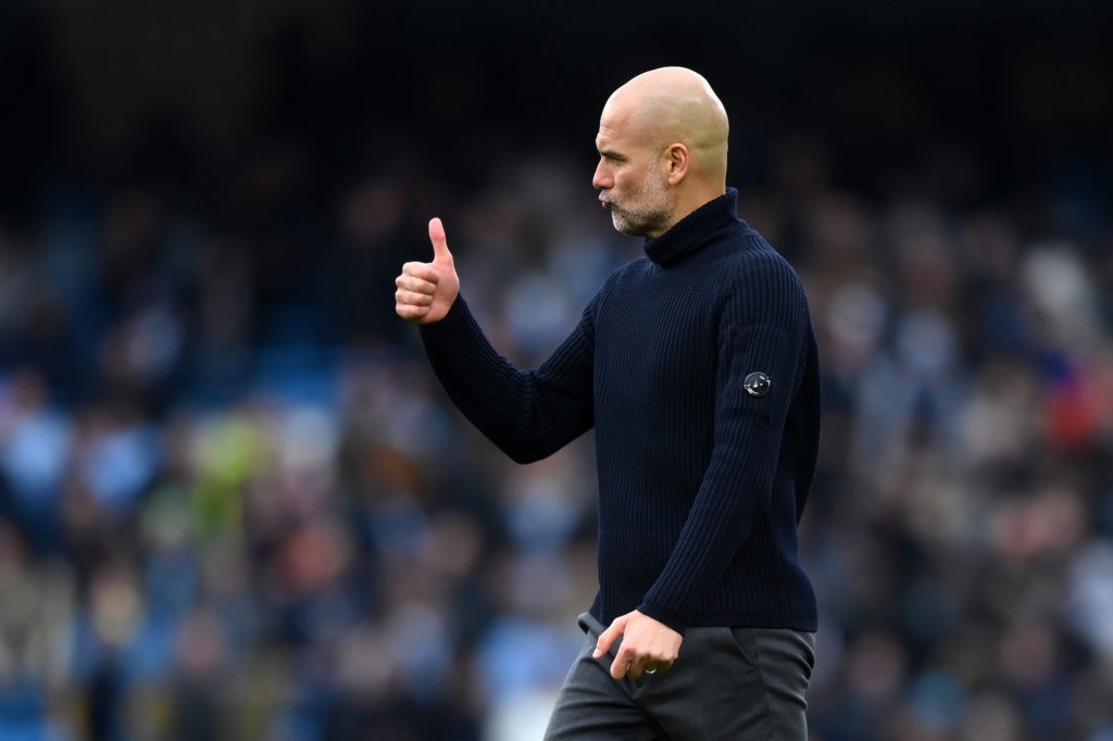 MANCHESTER, ENGLAND - MARCH 31: Pep Guardiola, Manager of Manchester City, reacts during the Premier League match between Manchester City and Arsenal FC at Etihad Stadium on March 31, 2024 in Manchester, England. (Photo by Justin Setterfield/Getty Images) (Photo by Justin Setterfield/Getty Images)