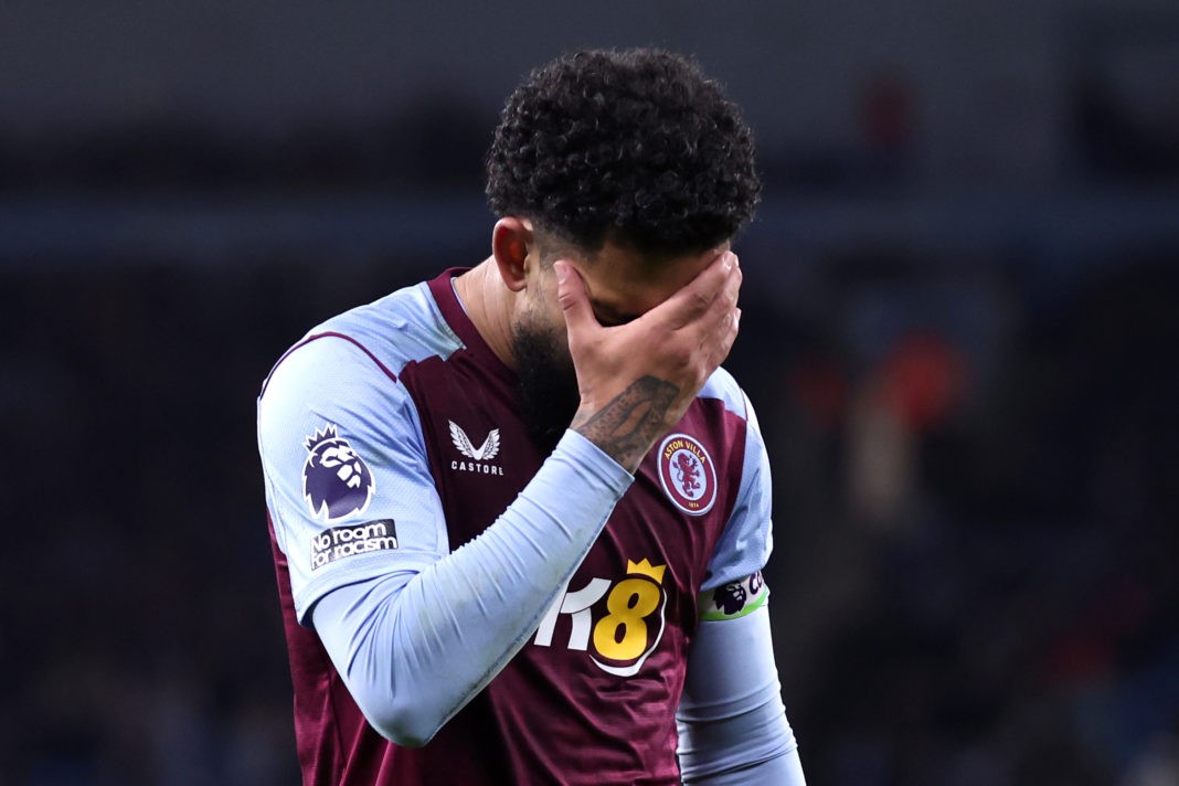 MANCHESTER, ENGLAND - APRIL 03: Douglas Luiz of Aston Villa reacts following a missed chance during the Premier League match between Manchester City and Aston Villa at Etihad Stadium on April 03, 2024 in Manchester, England. (Photo by Alex Livesey/Getty Images)