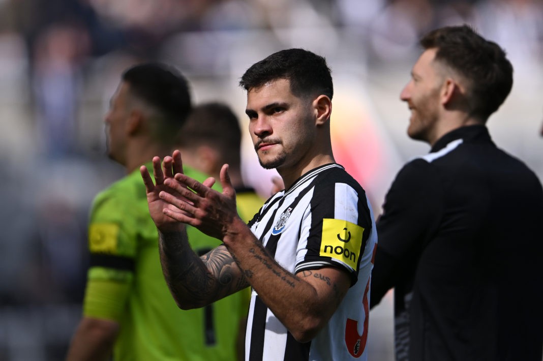 NEWCASTLE UPON TYNE, ENGLAND - APRIL 13: Newcastle United player Bruno Guimaraes applauds the fans after the Premier League match between Newcastle United and Tottenham Hotspur at St. James Park on April 13, 2024 in Newcastle upon Tyne, England.(Photo by Stu Forster/Getty Images)