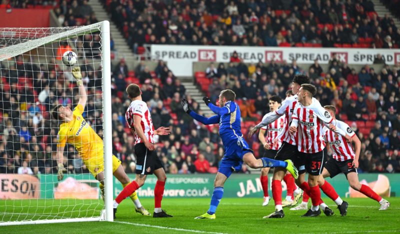 SUNDERLAND, ENGLAND - MARCH 05: Sunderland goalkeeper Anthony Patterson is beaten by a header from Leicester striker Jamie Vardy for the first goal during the Sky Bet Championship match between Sunderland and Leicester City at Stadium of Light on March 05, 2024 in Sunderland, England. (Photo by Stu Forster/Getty Images)