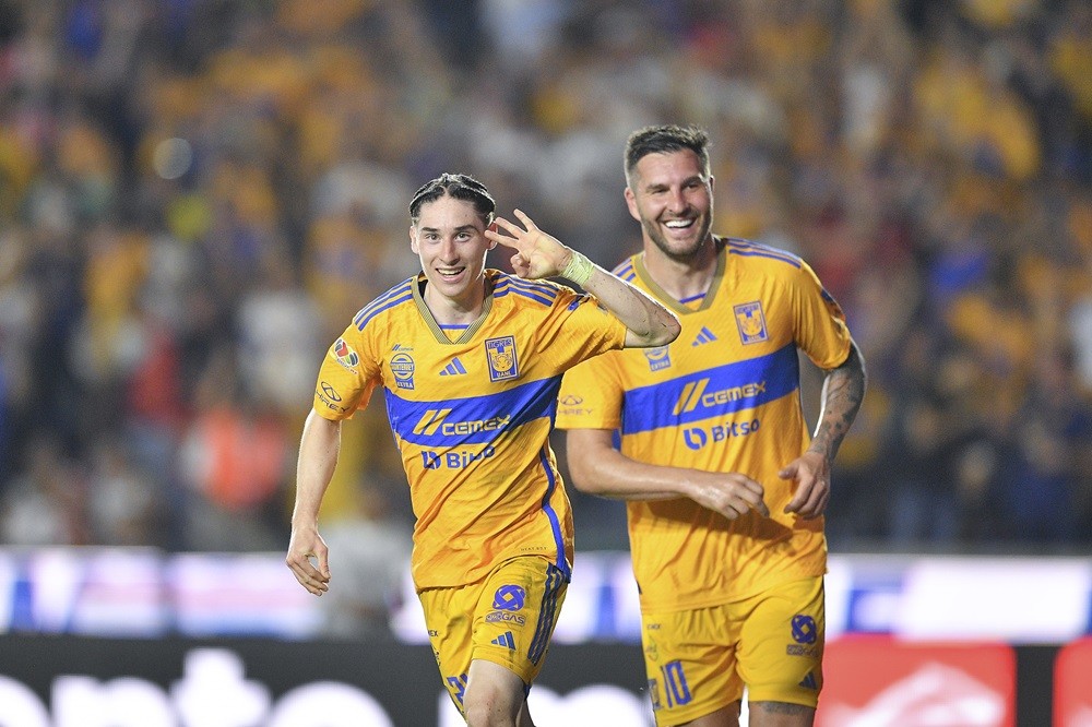 MONTERREY, MEXICO: Marcelo Flores of Tigres celebrates after scoring the team’s fifth goal during the 16th round match between Tigres UANL and Necaxa as part of the Torneo Clausura 2024 Liga MX at Universitario Stadium on April 20, 2024. (Photo by Azael Rodriguez/Getty Images)