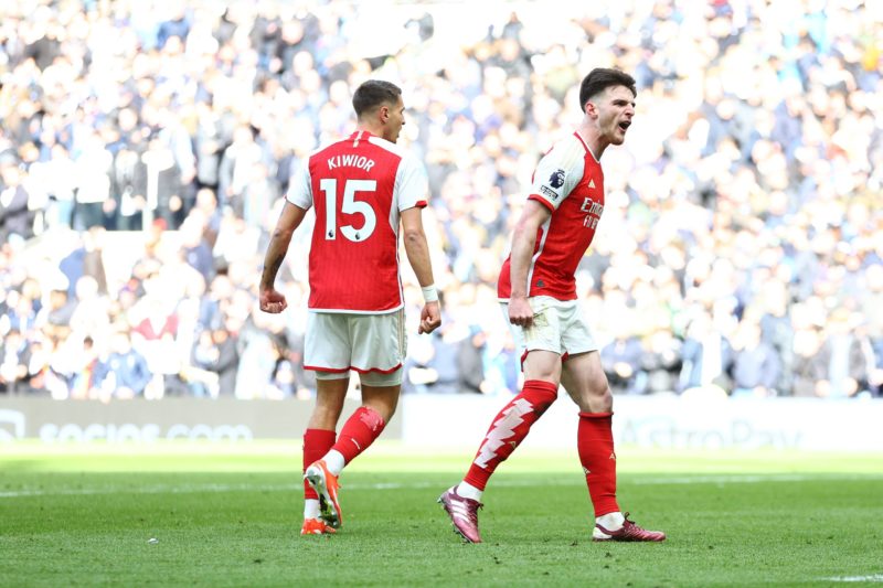 LONDON, ENGLAND - APRIL 28: Declan Rice and Jakub Kiwior of Arsenal celebrate after the team's victory during the Premier League match between Tottenham Hotspur and Arsenal FC at Tottenham Hotspur Stadium on April 28, 2024 in London, England. (Photo by Clive Rose/Getty Images)