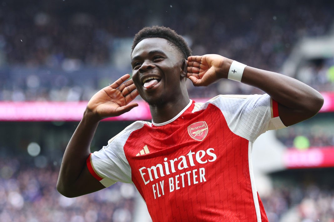 LONDON, ENGLAND - APRIL 28: Bukayo Saka of Arsenal celebrates scoring his team's second goal during the Premier League match between Tottenham Hotspur and Arsenal FC at Tottenham Hotspur Stadium on April 28, 2024 in London, England. (Photo by Clive Rose/Getty Images)