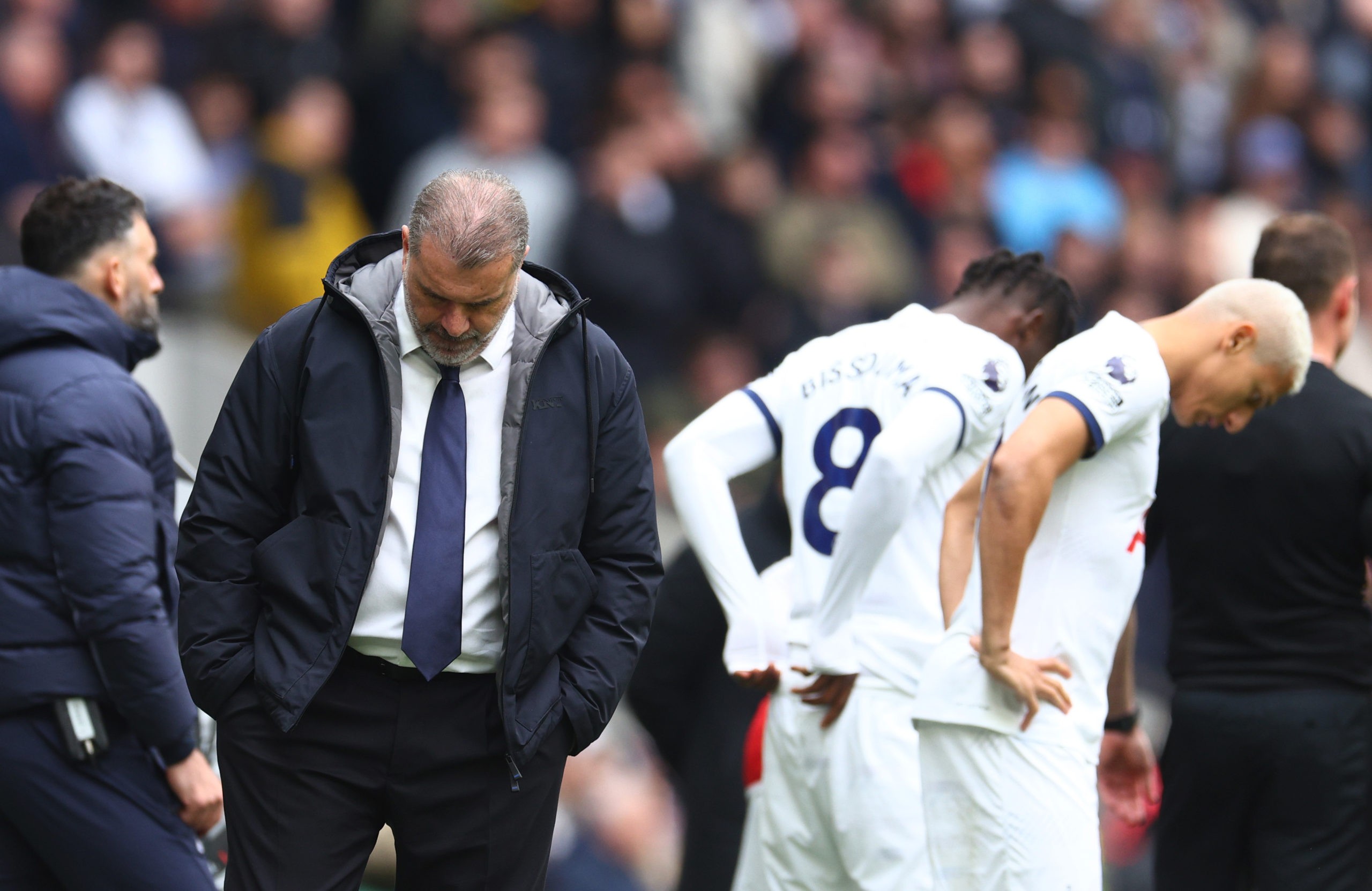 LONDON, ENGLAND - APRIL 28: Ange Postecoglou, Manager of Tottenham Hotspur, looks dejected during the Premier League match between Tottenham Hotspur and Arsenal FC at Tottenham Hotspur Stadium on April 28, 2024 in London, England. (Photo by Clive Rose/Getty Images)