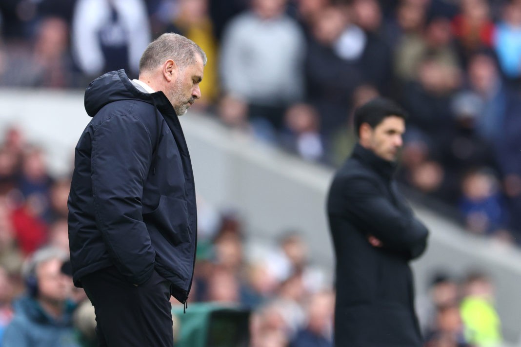 LONDON, ENGLAND: Ange Postecoglou, Manager of Tottenham Hotspur, looks dejected during the Premier League match between Tottenham Hotspur and Arsenal FC at Tottenham Hotspur Stadium on April 28, 2024. (Photo by Clive Rose/Getty Images)