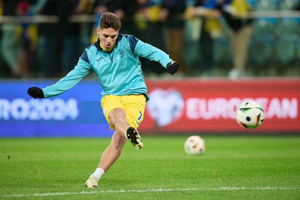 WROCLAW, POLAND: Georgly Sudakov during warm-up prior to the UEFA EURO 2024 Play-Offs final match between Ukraine and Iceland at Tarczynski Arena on March 26, 2024. (Photo by Rafal Oleksiewicz/Getty Images)