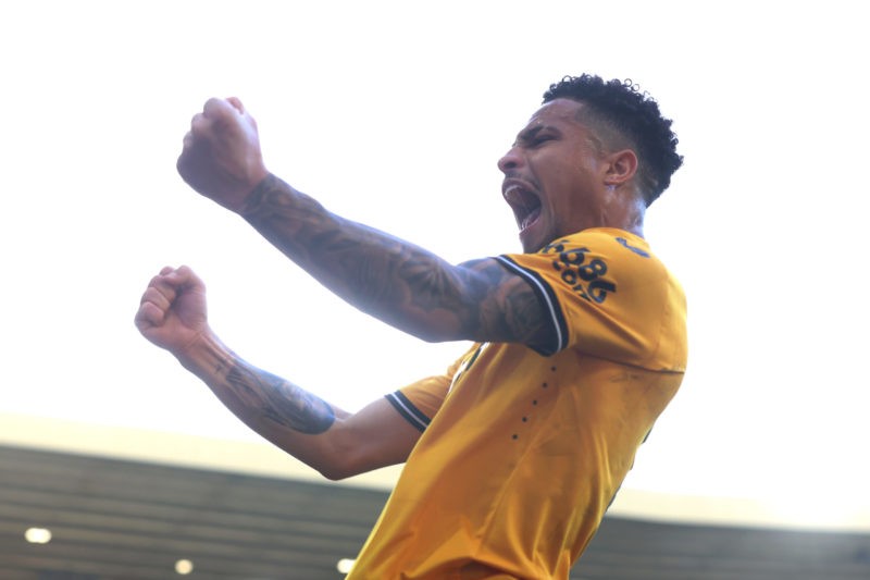 WOLVERHAMPTON, ENGLAND - APRIL 06: Joao Gomes of Wolverhampton Wanderers celebrates after teammate Max Kilman (not pictured) scores his team's second goal but is later disallowed due to an offside on teammate Tawanda Chirewa (not pictured) during the Premier League match between Wolverhampton Wanderers and West Ham United at Molineux on April 06, 2024 in Wolverhampton, England. (Photo by Nathan Stirk/Getty Images)