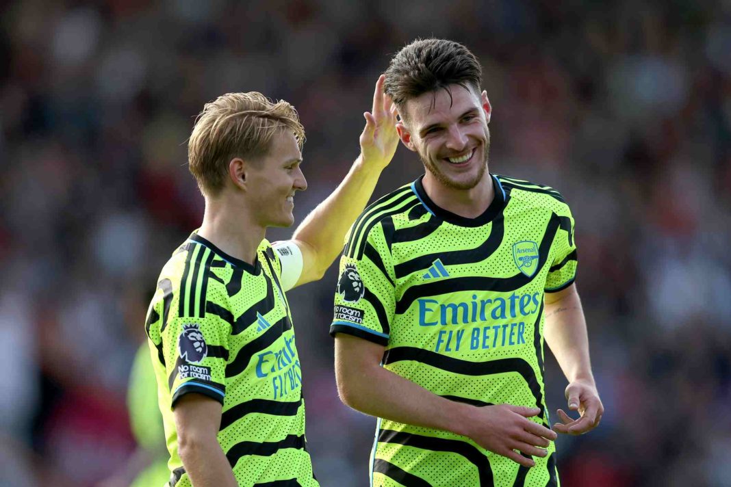BOURNEMOUTH, ENGLAND - SEPTEMBER 30: Martin Oedegaard and Declan Rice of Arsenal celebrate during the Premier League match between AFC Bournemouth and Arsenal FC at Vitality Stadium on September 30, 2023 in Bournemouth, England. (Photo by Christopher Lee/Getty Images)