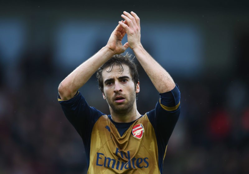 BOURNEMOUTH, ENGLAND - FEBRUARY 07: Mathieu Flamini of Arsenal applauds the crowd after the Barclays Premier League match between A.F.C. Bournemouth and Arsenal at the Vitality Stadium on February 7, 2016 in Bournemouth, England. (Photo by Michael Regan/Getty Images)