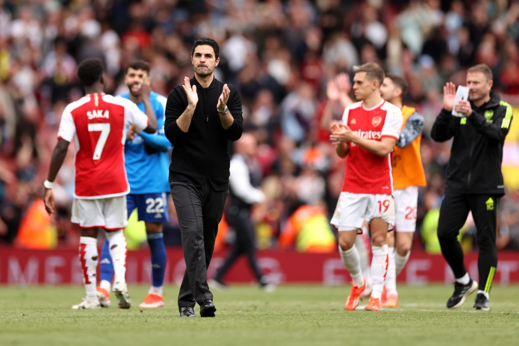 LONDON, ENGLAND - MAY 04: Mikel Arteta, Manager of Arsenal, applauds the fans after the team's victory in the Premier League match between Arsenal FC and AFC Bournemouth at Emirates Stadium on May 04, 2024 in London, England. (Photo by Ryan Pierse/Getty Images)
